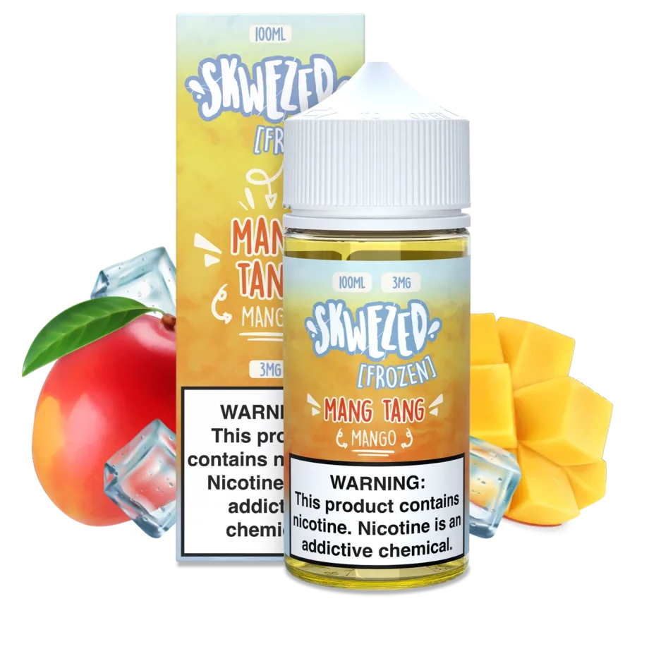 Botella de SKWEZED FROZEN MANG TANG MANGO 100 ML junto a mango fresco y hielo, destacando su sabor tropical y refrescante."